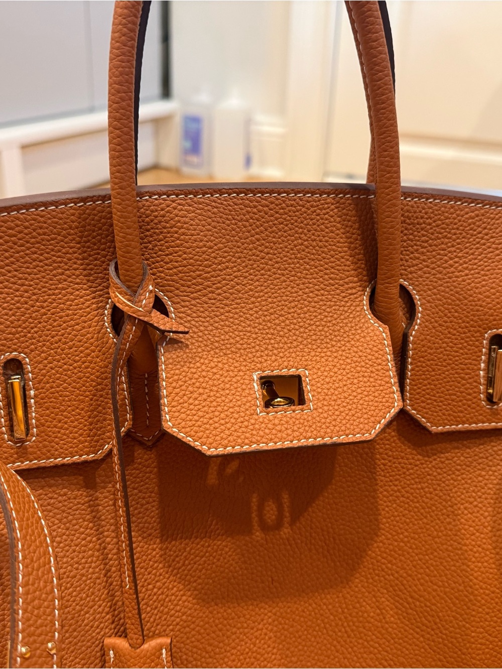 Cognac Brown Genuine Leather Structured Top Handle Tote Bag - Picture 6 of 13